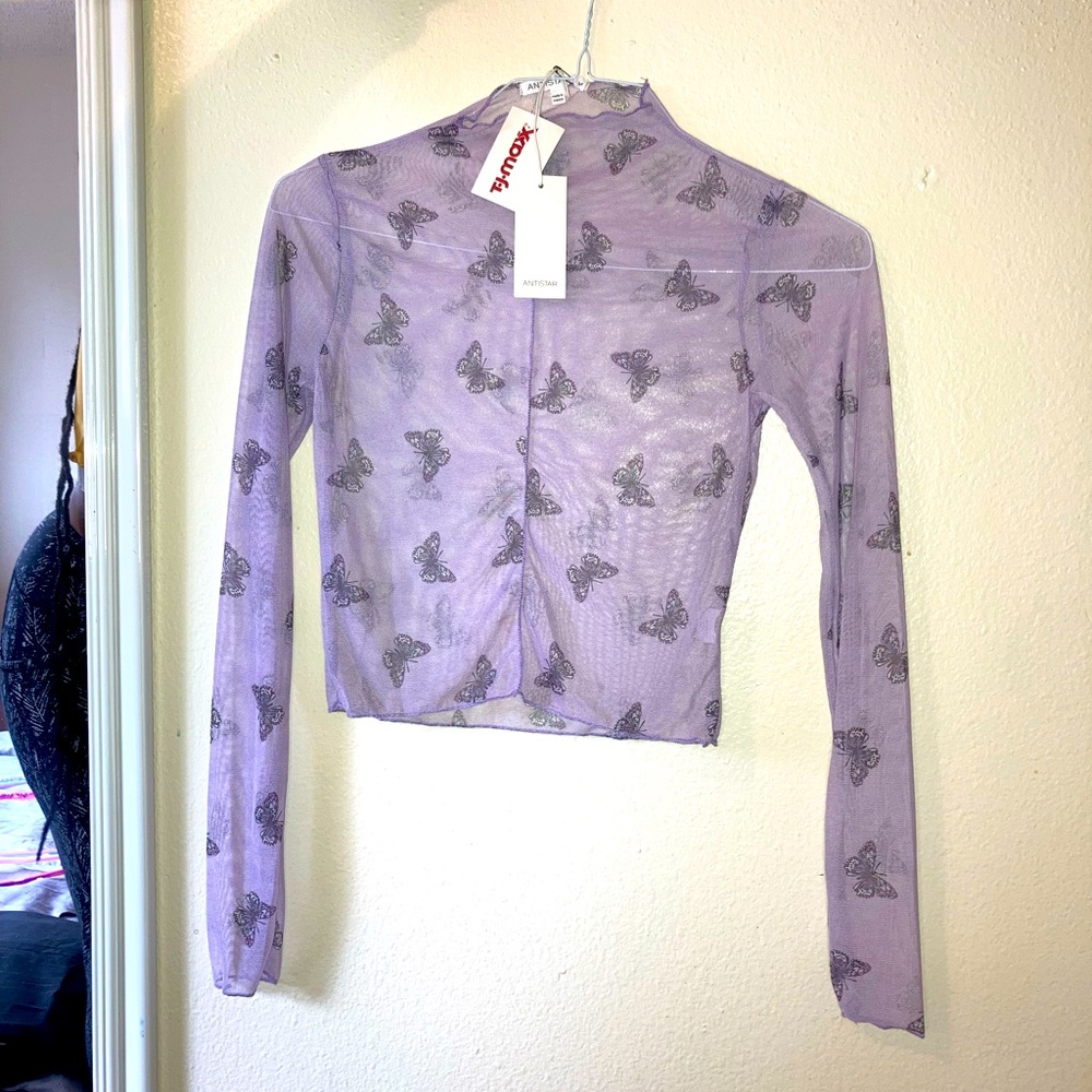 Lavendar Butterflies Mesh Long Sleeve Top